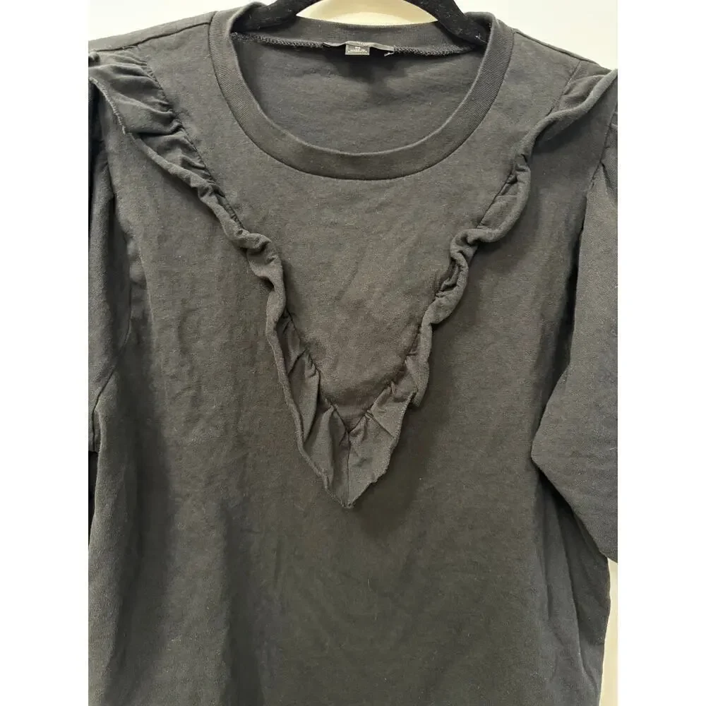 J. Crew 3/4 Sleeve Black Cotton Top Ruffle Neckline Puffy Sleeves Medium